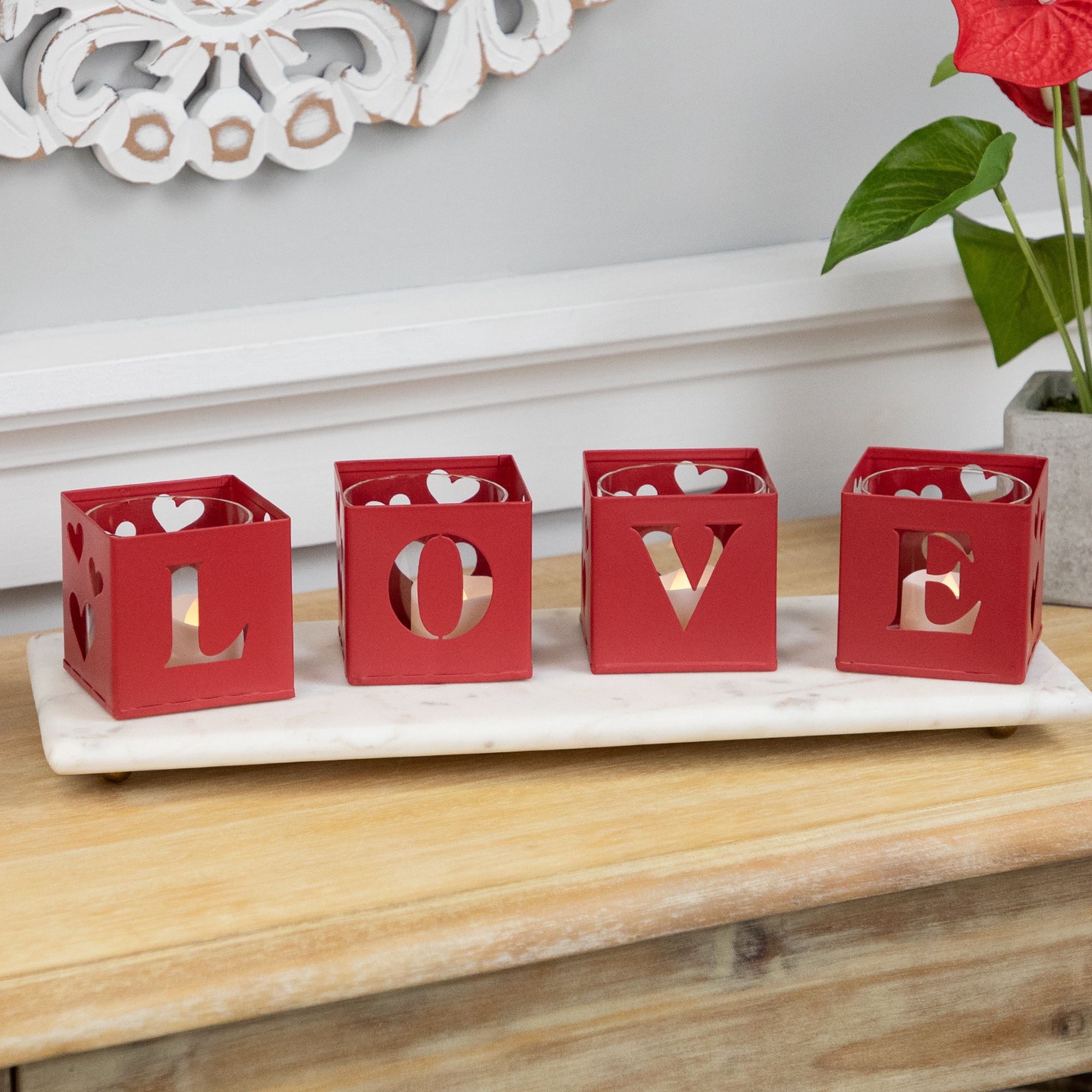 Valentine's Day Red Love Blocks Metal Votive Candle Holders Set
